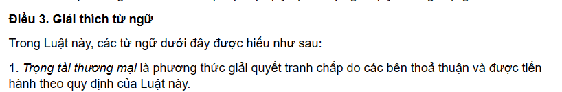 Điều 3, khoản 1 của Luật Trọng tài thương mại năm 2010